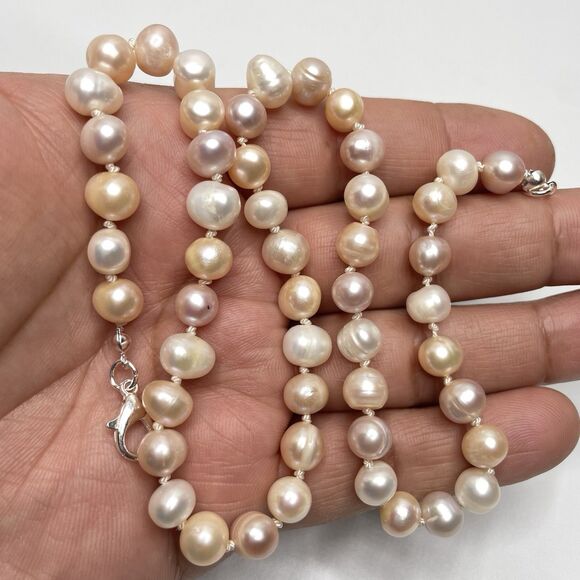 Bridal Tri Color Freshwater Pearl Beaded Silk Double Knotted Necklace Silver - Picture 6 of 8